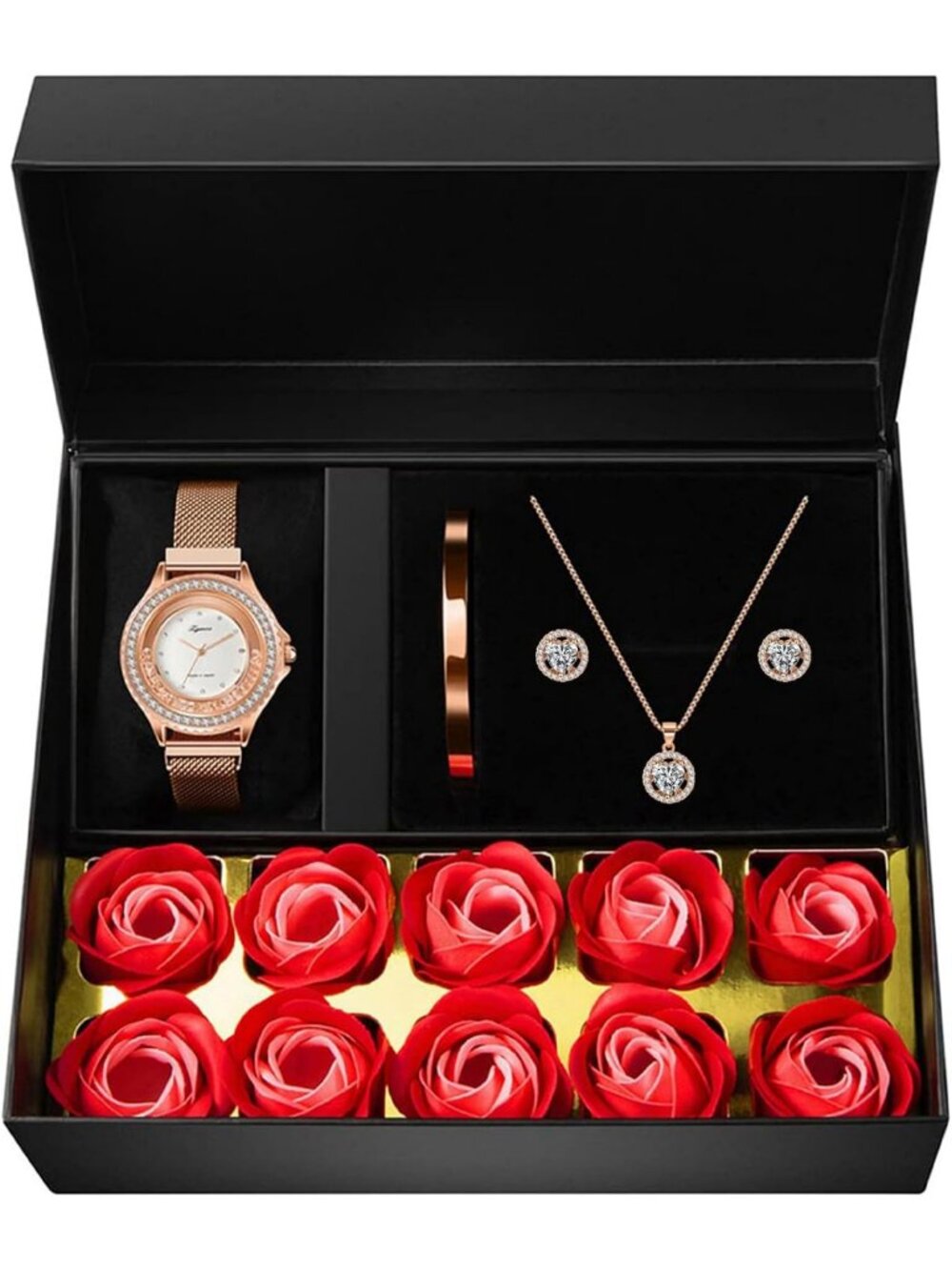 Elegant Rose Gold Jewelry Set for Women - Watch, Necklace, Earrings & Bracelet